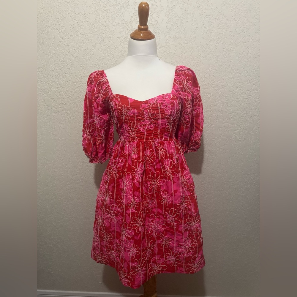 Joyjoy red embroidered daisy dress size xs bustier euc